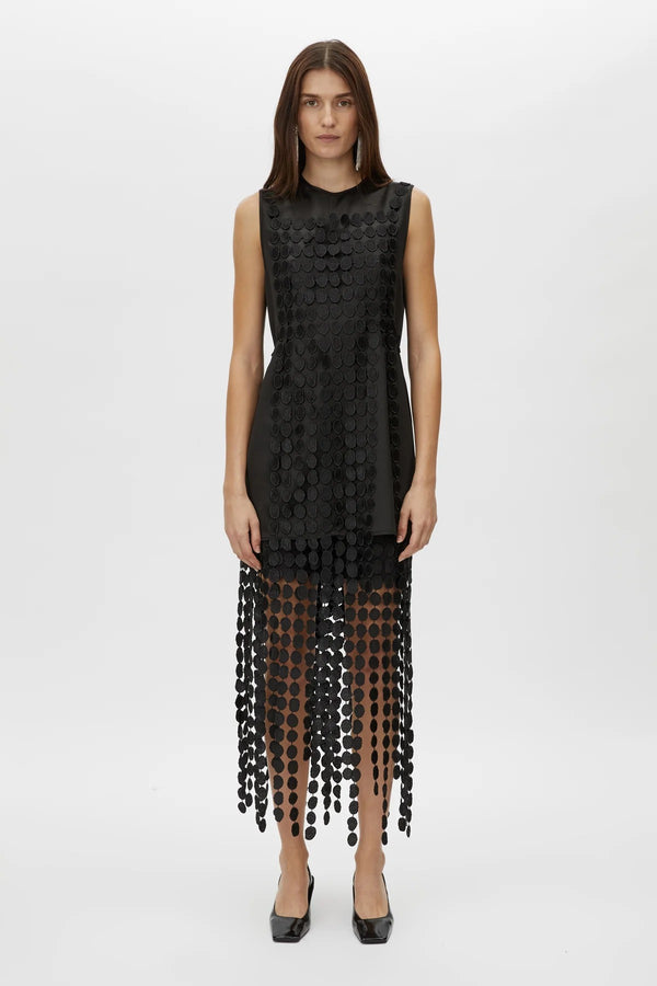 Orlo Skirt by Camilla and Marc – a black lace midi skirt with an asymmetric hemline and soft lining, perfect for elegant evening styling.