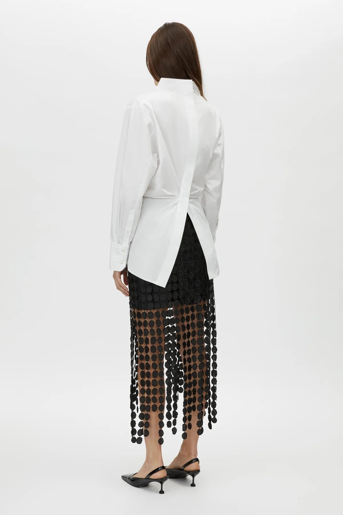 Orlo Skirt by Camilla and Marc – a black lace midi skirt with an asymmetric hemline and soft lining, perfect for elegant evening styling.