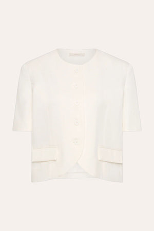 Orsa Blazer Off White by Faithfull the Brand - cropped linen blend blazer with short sleeves and oversized fit, perfect for modern summer suiting.