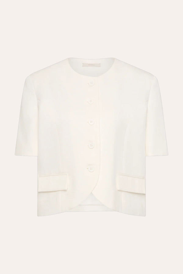 Orsa Blazer Off White by Faithfull the Brand - cropped linen blend blazer with short sleeves and oversized fit, perfect for modern summer suiting.