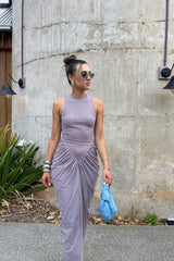 Othelia Gown Mushroom by Effie Kats, a sheer mesh gown with signature neckline and earthy tone. Perfect for autumn weddings or dinners.