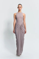 Othelia Gown Mushroom by Effie Kats, a sheer mesh gown with signature neckline and earthy tone. Perfect for autumn weddings or dinners.