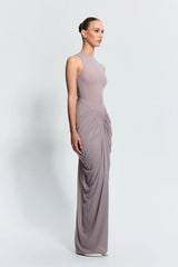 Othelia Gown Mushroom by Effie Kats, a sheer mesh gown with signature neckline and earthy tone. Perfect for autumn weddings or dinners.