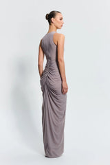 Othelia Gown Mushroom by Effie Kats, a sheer mesh gown with signature neckline and earthy tone. Perfect for autumn weddings or dinners.