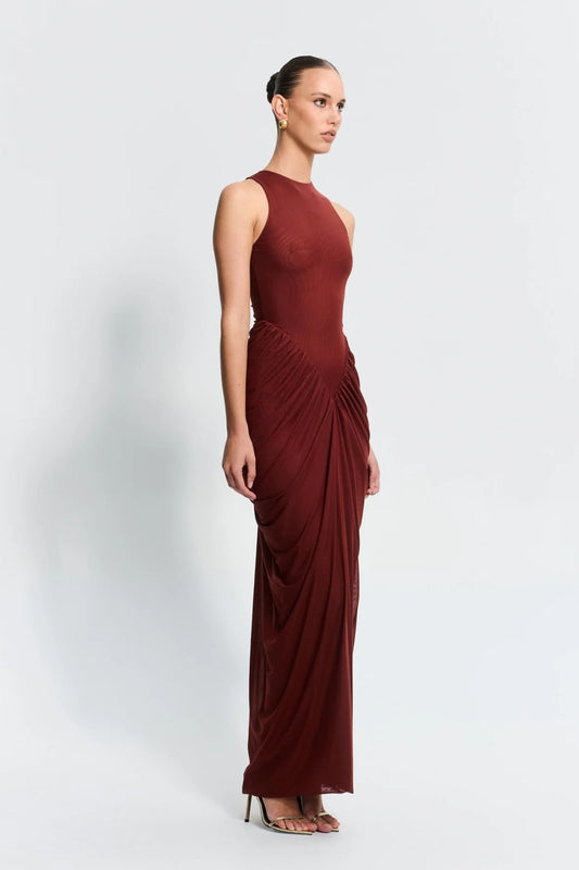 Othelia Gown Rust by Effie Kats, a sheer mesh gown with signature neckline and earthy tone. Perfect for autumn weddings or dinners.