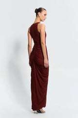 Othelia Gown Rust by Effie Kats, a sheer mesh gown with signature neckline and earthy tone. Perfect for autumn weddings or dinners.