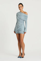 Otto Long Sleeve Mini Dress in Blue Fog by Benni, a draped off-shoulder jersey mini with twisted skirt and long sleeves.