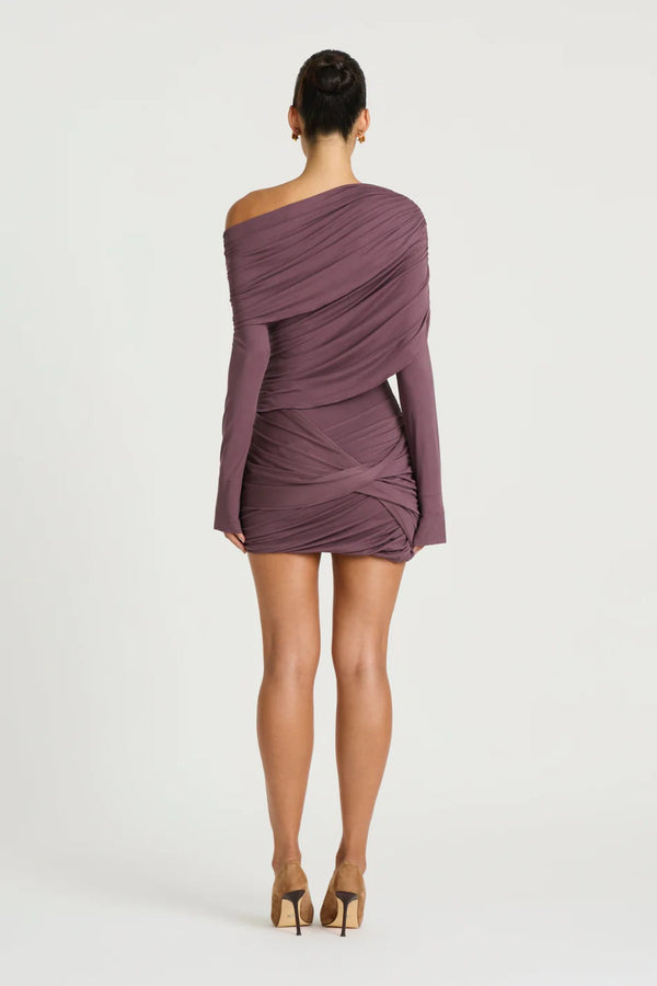 Otto Long Sleeve Mini Dress in Grape by Benni, a draped off-shoulder jersey mini with twisted skirt and long sleeves.