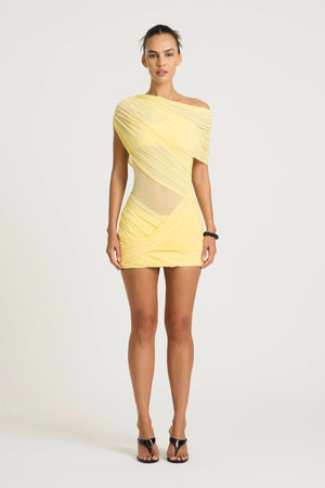 Otto Mini Dress Lemon by Benni, an asymmetric one-shoulder mini with ruched sheer bodice and twisted skirt for a sculpted fit.
