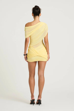 Otto Mini Dress Lemon by Benni, an asymmetric one-shoulder mini with ruched sheer bodice and twisted skirt for a sculpted fit.
