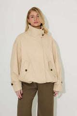 Oversized Cotton Mix Jacket in Cream by Odd Muse – funnel neck oversized jacket with drawstring and relaxed fit.