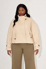 Oversized Cotton Mix Jacket in Cream by Odd Muse – funnel neck oversized jacket with drawstring and relaxed fit.