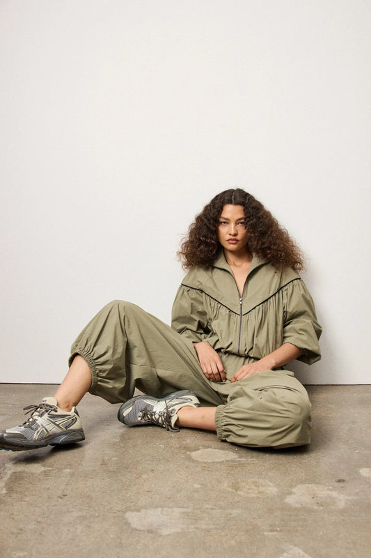 Overturn Jacket Fern by Mossman - lightweight technical jacket with funnel neckline and voluminous sleeves, perfect for modern elevated layering.