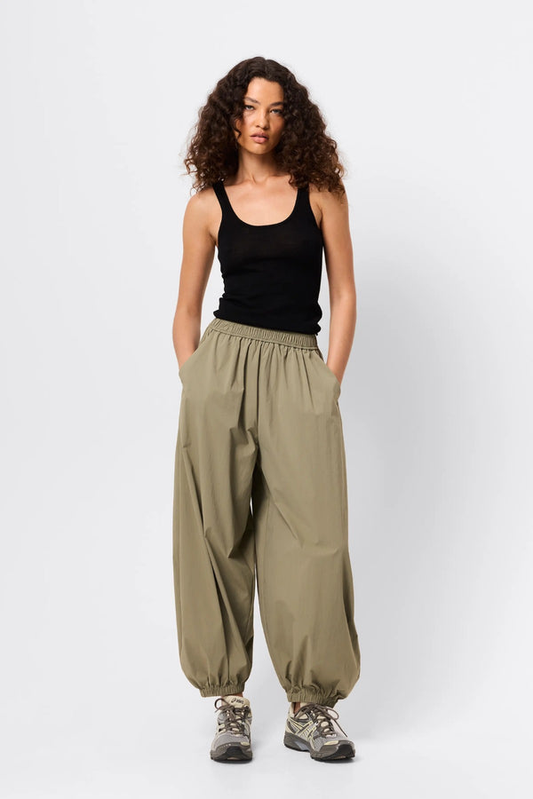 Overturn Pant Fern by Mossman - relaxed balloon leg pants in lightweight technical nylon with elastic waist, perfect for modern elevated styling.
