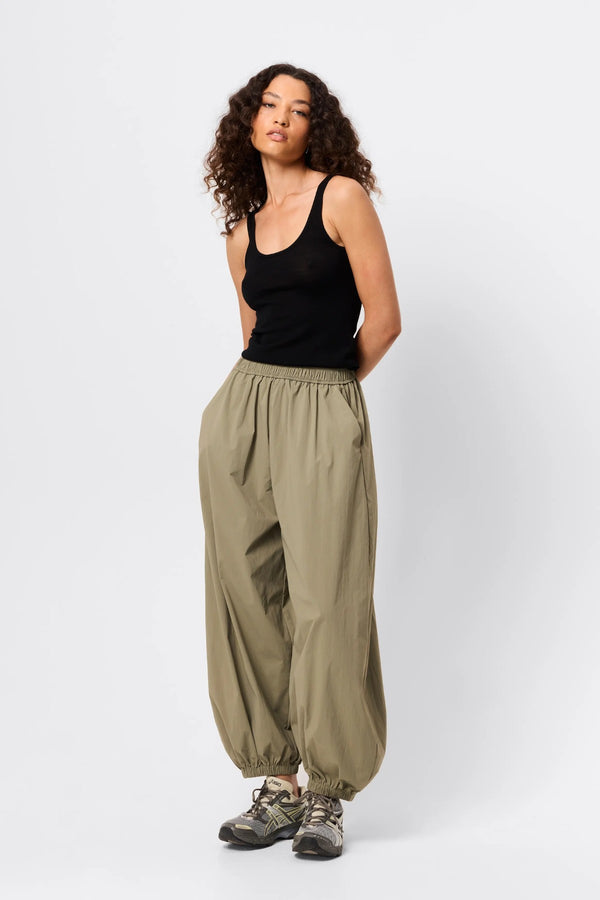 Overturn Pant Fern by Mossman - relaxed balloon leg pants in lightweight technical nylon with elastic waist, perfect for modern elevated styling.
