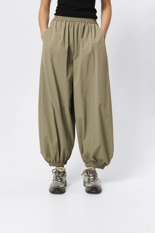 Overturn Pant Fern by Mossman - relaxed balloon leg pants in lightweight technical nylon with elastic waist, perfect for modern elevated styling.