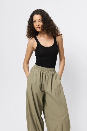 Overturn Pant Fern by Mossman - relaxed balloon leg pants in lightweight technical nylon with elastic waist, perfect for modern elevated styling.