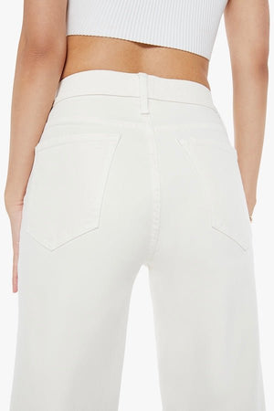 The Rambler Zip Ankle Cream Puffs by MOTHER, trendy high-waisted pants with a wide straight-leg design and ankle-length cut. Perfect for a relaxed, refined look with a soft off-white wash and tonal hardware.