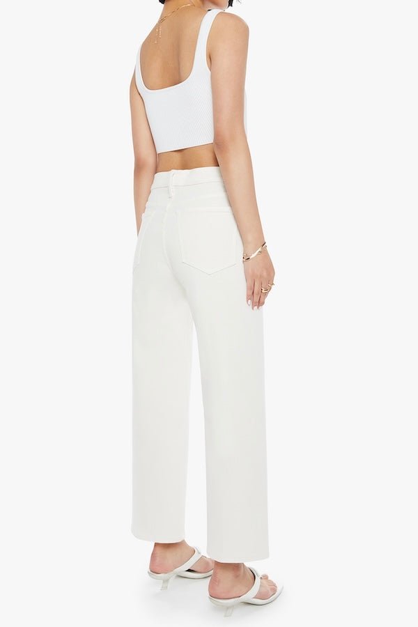 The Rambler Zip Ankle Cream Puffs by MOTHER, trendy high-waisted pants with a wide straight-leg design and ankle-length cut. Perfect for a relaxed, refined look with a soft off-white wash and tonal hardware.