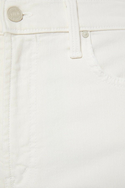 The Rambler Zip Ankle Cream Puffs by MOTHER, trendy high-waisted pants with a wide straight-leg design and ankle-length cut. Perfect for a relaxed, refined look with a soft off-white wash and tonal hardware.
