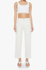 The Rambler Zip Ankle Cream Puffs by MOTHER, trendy high-waisted pants with a wide straight-leg design and ankle-length cut. Perfect for a relaxed, refined look with a soft off-white wash and tonal hardware.