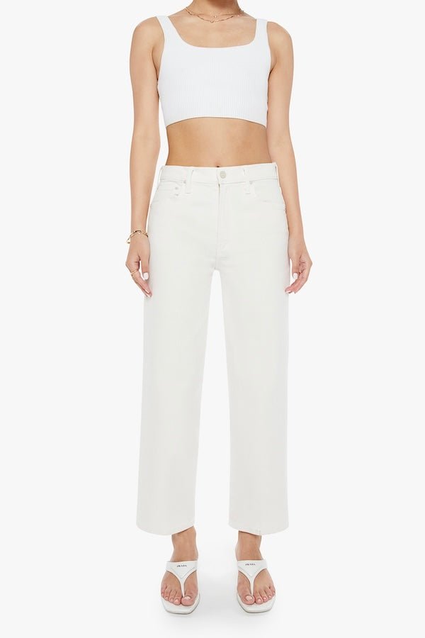 The Rambler Zip Ankle Cream Puffs by MOTHER, trendy high-waisted pants with a wide straight-leg design and ankle-length cut. Perfect for a relaxed, refined look with a soft off-white wash and tonal hardware.
