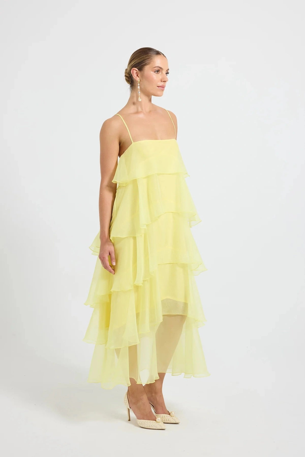 PASDUCHAS Cleo Tiered Maxi Dress – soft-touch organza maxi with adjustable straps, petal details, and tiered skirt in romantic flowy design.
