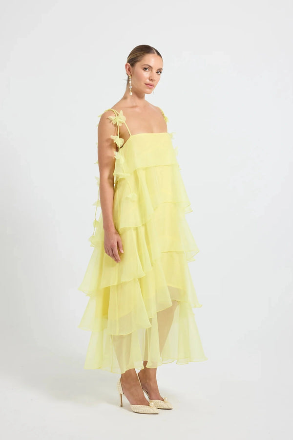 PASDUCHAS Cleo Tiered Maxi Dress – soft-touch organza maxi with adjustable straps, petal details, and tiered skirt in romantic flowy design.
