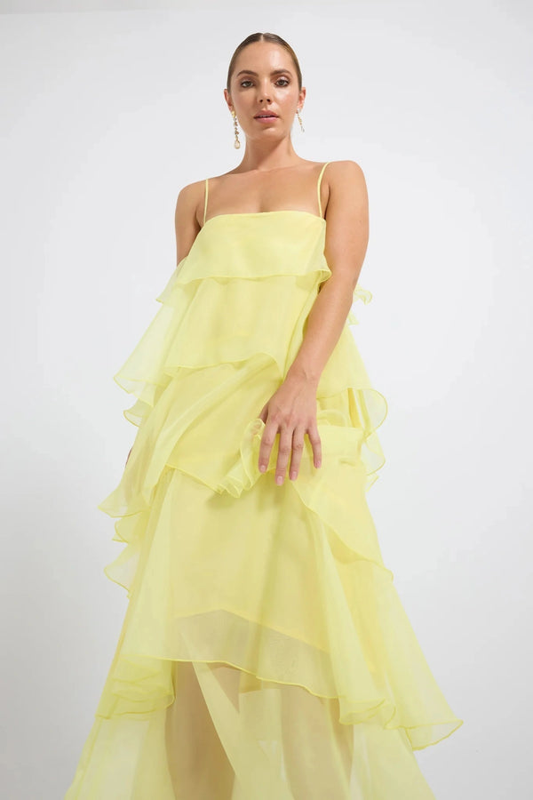 PASDUCHAS Cleo Tiered Maxi Dress – soft-touch organza maxi with adjustable straps, petal details, and tiered skirt in romantic flowy design.
