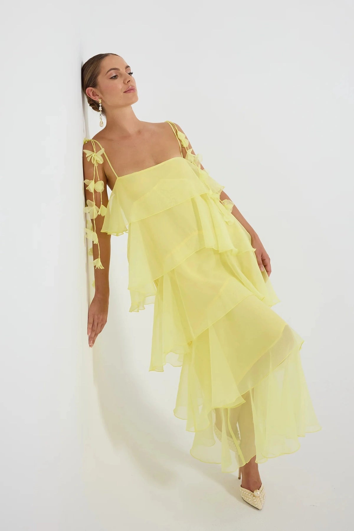 PASDUCHAS Cleo Tiered Maxi Dress – soft-touch organza maxi with adjustable straps, petal details, and tiered skirt in romantic flowy design.

