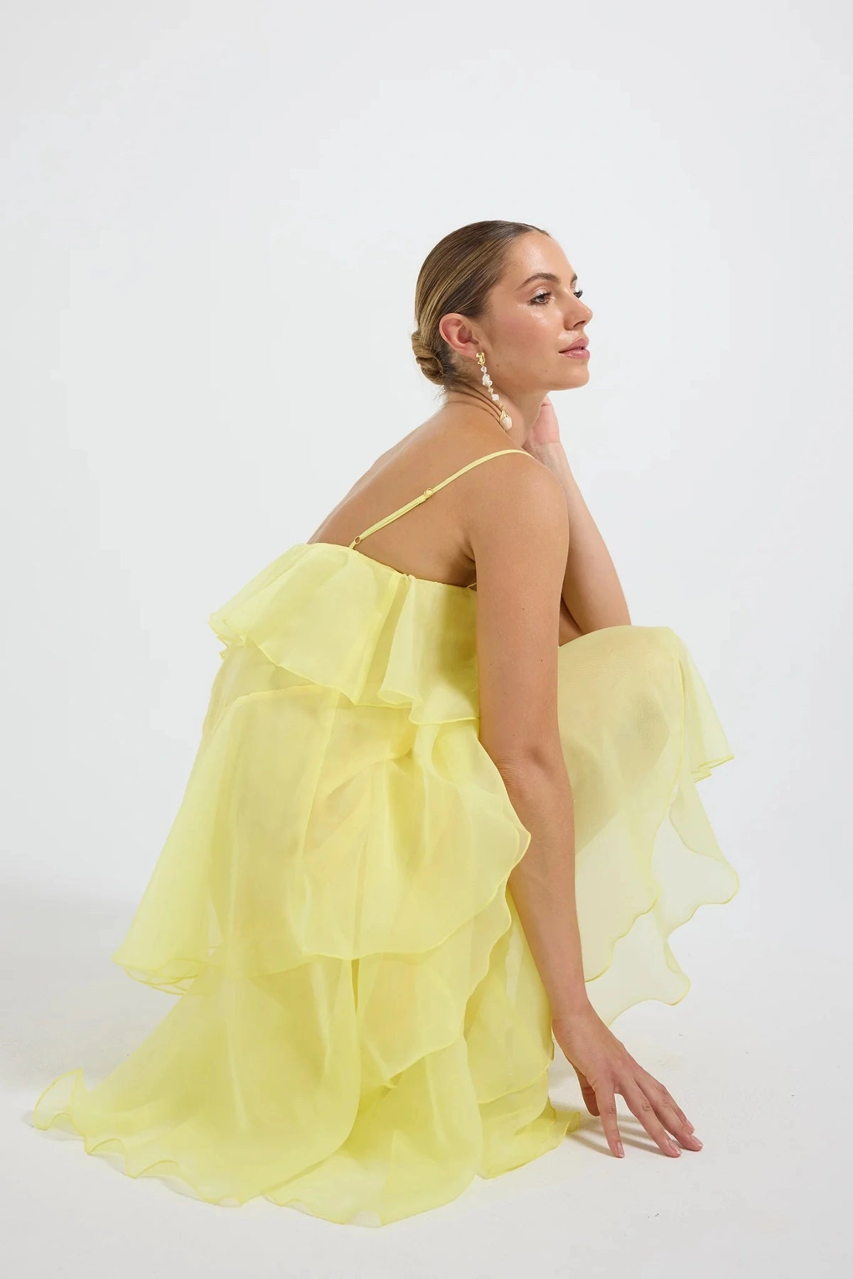 PASDUCHAS Cleo Tiered Maxi Dress – soft-touch organza maxi with adjustable straps, petal details, and tiered skirt in romantic flowy design.
