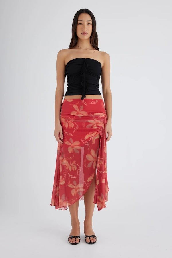 Holly Strapless Top Black by Benni — Stretchy breathable mesh with a secure fit, fully lined, featuring an elegant chiffon ruffle down the center front.