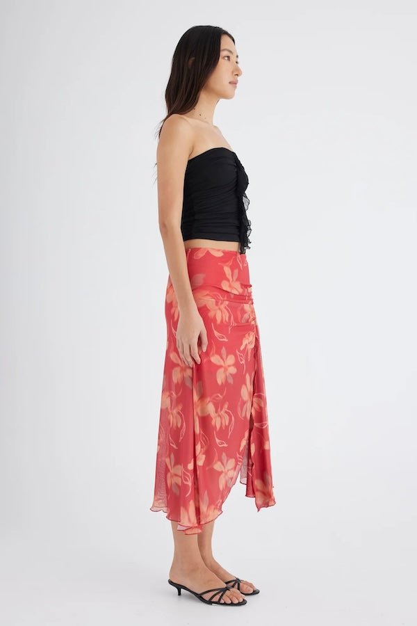 Holly Strapless Top Black by Benni — Stretchy breathable mesh with a secure fit, fully lined, featuring an elegant chiffon ruffle down the center front.