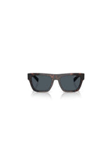 PR C03S Root Havana by Prada, a bold rectangular silhouette in signature acetate featuring angular temples and dark grey lenses for timeless luxury.
