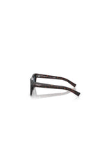PR C03S Root Havana by Prada, a bold rectangular silhouette in signature acetate featuring angular temples and dark grey lenses for timeless luxury.