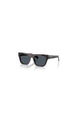 PR C03S Root Havana by Prada, a bold rectangular silhouette in signature acetate featuring angular temples and dark grey lenses for timeless luxury.