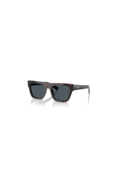 PR C03S Root Havana by Prada, a bold rectangular silhouette in signature acetate featuring angular temples and dark grey lenses for timeless luxury.