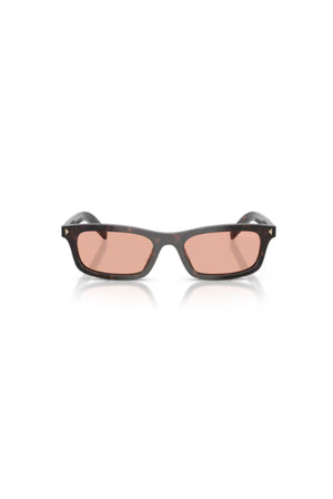PR D05S Root Tortoise Pink by Prada – a rectangular frame with pink lenses and sleek metal logo detail. Perfect for bold styling.