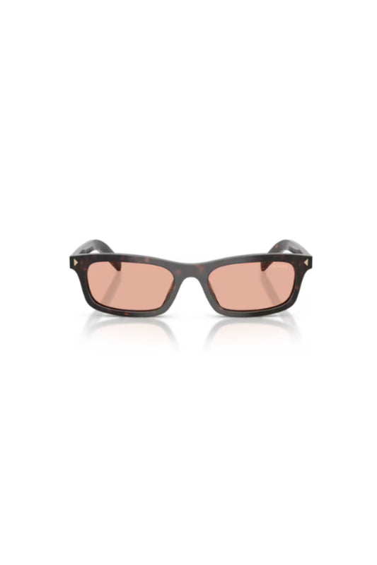 PR D05S Root Tortoise Pink by Prada – a rectangular frame with pink lenses and sleek metal logo detail. Perfect for bold styling.
