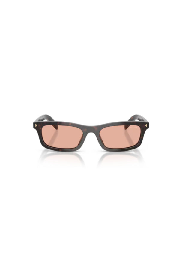 PR D05S Root Tortoise Pink by Prada – a rectangular frame with pink lenses and sleek metal logo detail. Perfect for bold styling.
