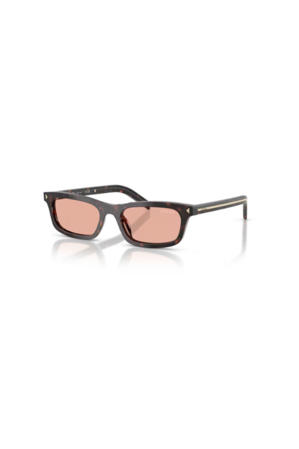 PR D05S Root Tortoise Pink by Prada – a rectangular frame with pink lenses and sleek metal logo detail. Perfect for bold styling.