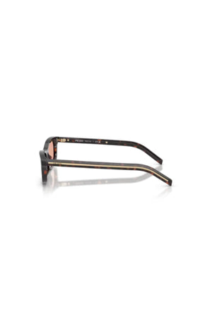 PR D05S Root Tortoise Pink by Prada – a rectangular frame with pink lenses and sleek metal logo detail. Perfect for bold styling.