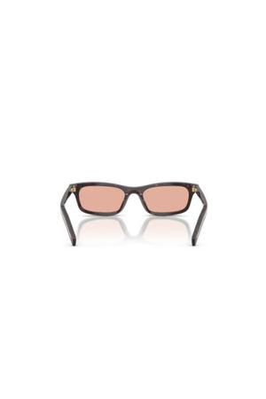 PR D05S Root Tortoise Pink by Prada – a rectangular frame with pink lenses and sleek metal logo detail. Perfect for bold styling.