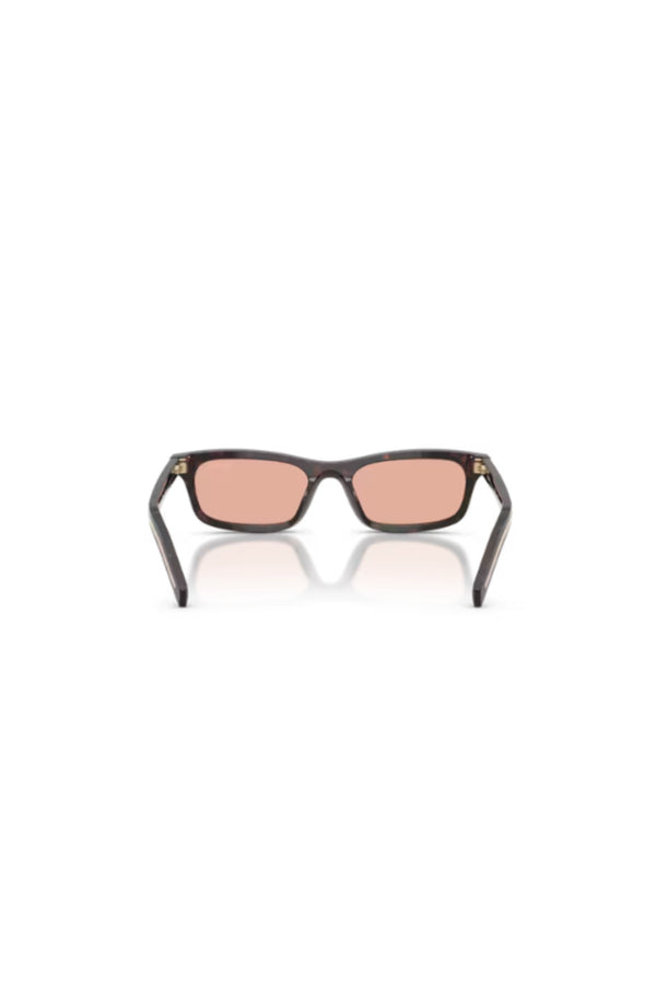 PR D05S Root Tortoise Pink by Prada – a rectangular frame with pink lenses and sleek metal logo detail. Perfect for bold styling.