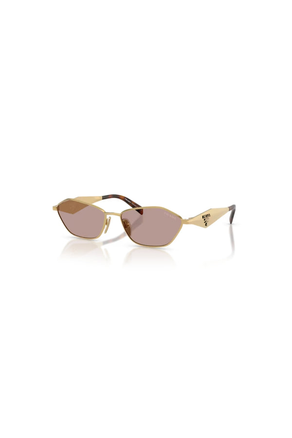 PR D50S Gold W/ Light Purple Brown – metal sunglasses with geometric lenses and logo temples. Perfect for elevated styling.