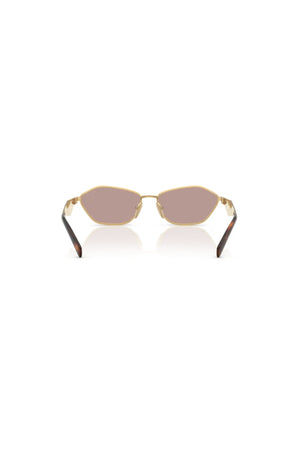 PR D50S Gold W/ Light Purple Brown – metal sunglasses with geometric lenses and logo temples. Perfect for elevated styling.