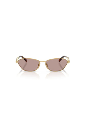 PR D50S Gold W/ Light Purple Brown – metal sunglasses with geometric lenses and logo temples. Perfect for elevated styling.