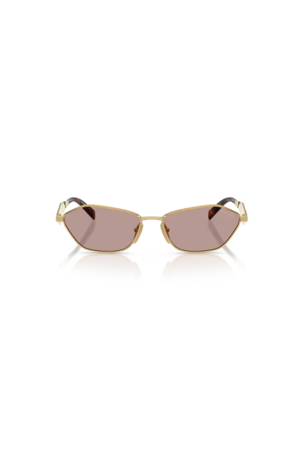 PR D50S Gold W/ Light Purple Brown – metal sunglasses with geometric lenses and logo temples. Perfect for elevated styling.