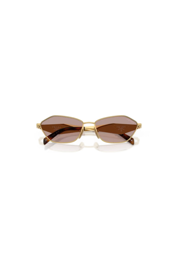 PR D50S Gold W/ Light Purple Brown – metal sunglasses with geometric lenses and logo temples. Perfect for elevated styling.