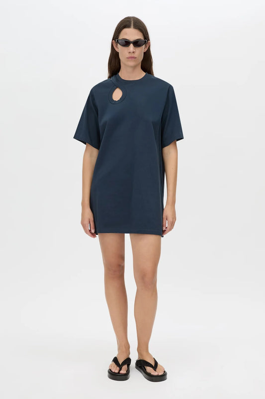 Pablo Tee Mini Dress by Camilla and Marc — a navy cotton mini dress with an asymmetric neckline cut-out for a modern everyday look.